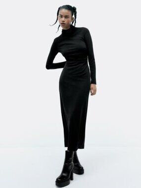 Zara Black Side Ruched Midi Dress Size M NWT